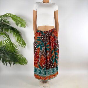 Vintage 80s Colorful Earthy Floral Bohemian Hippie Fairy Grunge Midi Skirt / S